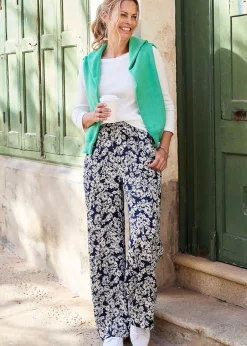 Trousers>Cotton Traders Navy Printed Wide-Leg Pull-On Trousers