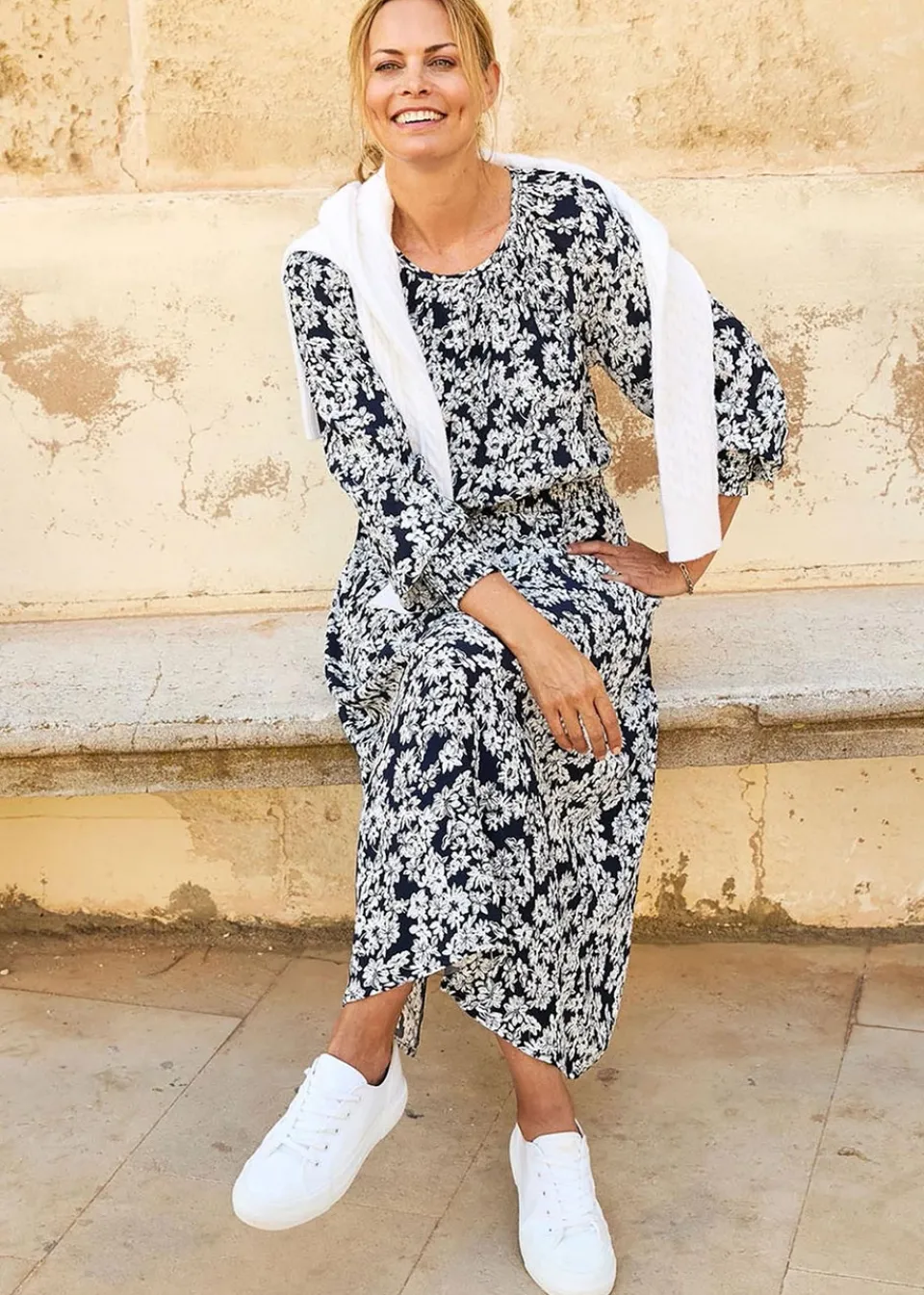 Dresses>Cotton Traders Navy Printed Midi Dress