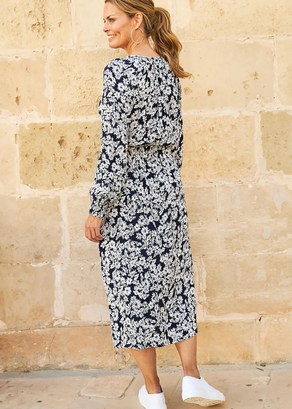 Dresses>Cotton Traders Navy Printed Midi Dress