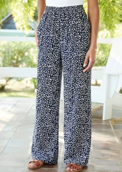 Trousers>Cotton Traders Navy Printed Wide Leg Trousers 27" (68.5cm) inside leg