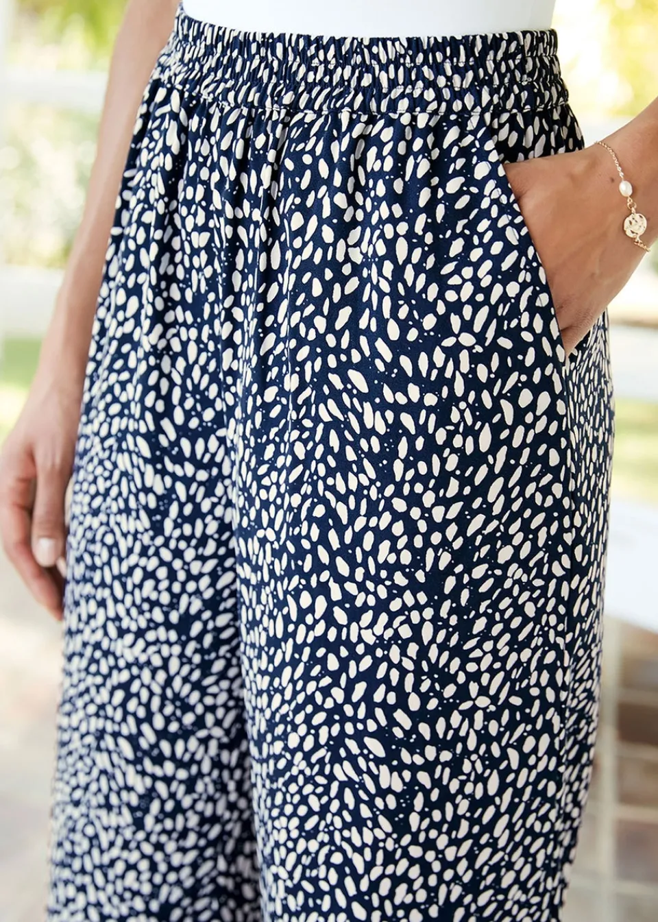 Trousers>Cotton Traders Navy Printed Wide Leg Trousers 27" (68.5cm) inside leg