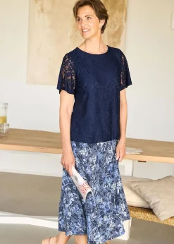 T-Shirts>Cotton Traders Navy Stretch Lace Jersey Top