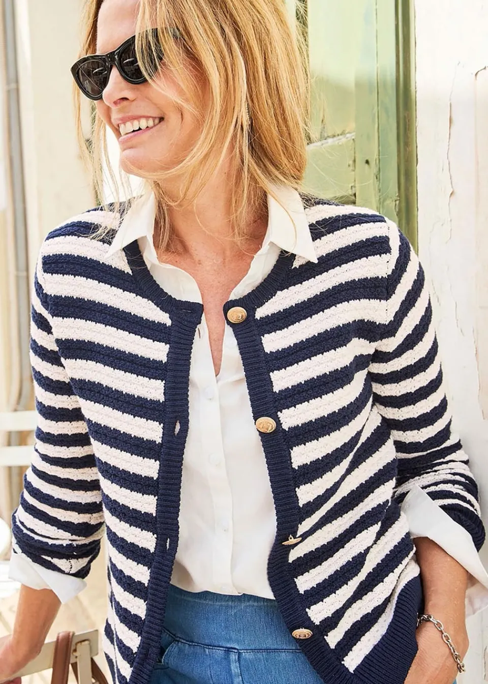 Tops>Cotton Traders Navy Stripe Textured Button Cardigan