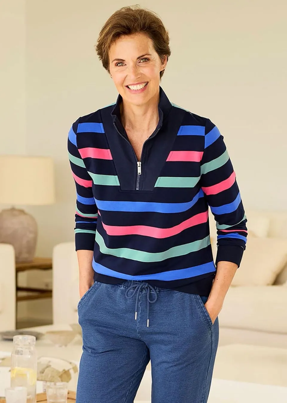 Tops>Cotton Traders Navy Stripe Zip-Neck Sweatshirt