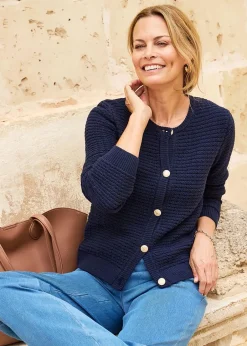 Tops>Cotton Traders Navy Textured Button Cardigan