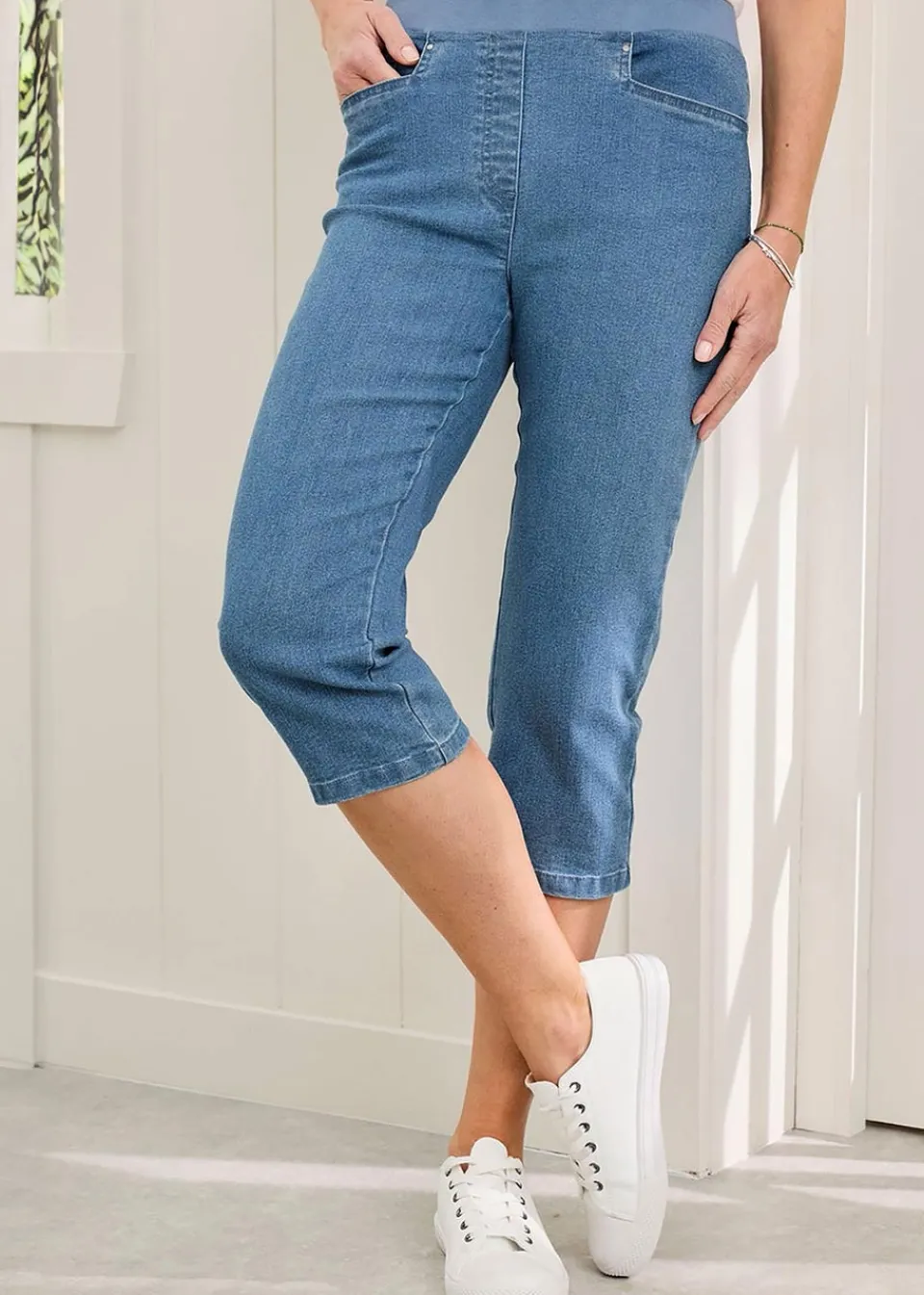 Jeans & Jeggings>Cotton Traders Pale Blue Premium Pull On Rib Waist Crop Denim Jeans