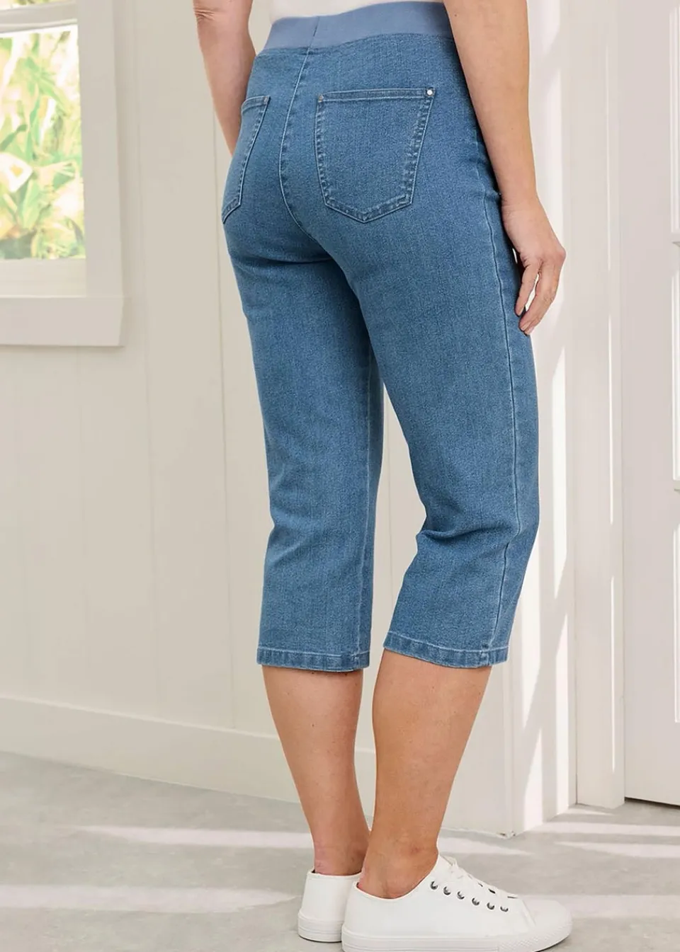 Jeans & Jeggings>Cotton Traders Pale Blue Premium Pull On Rib Waist Crop Denim Jeans