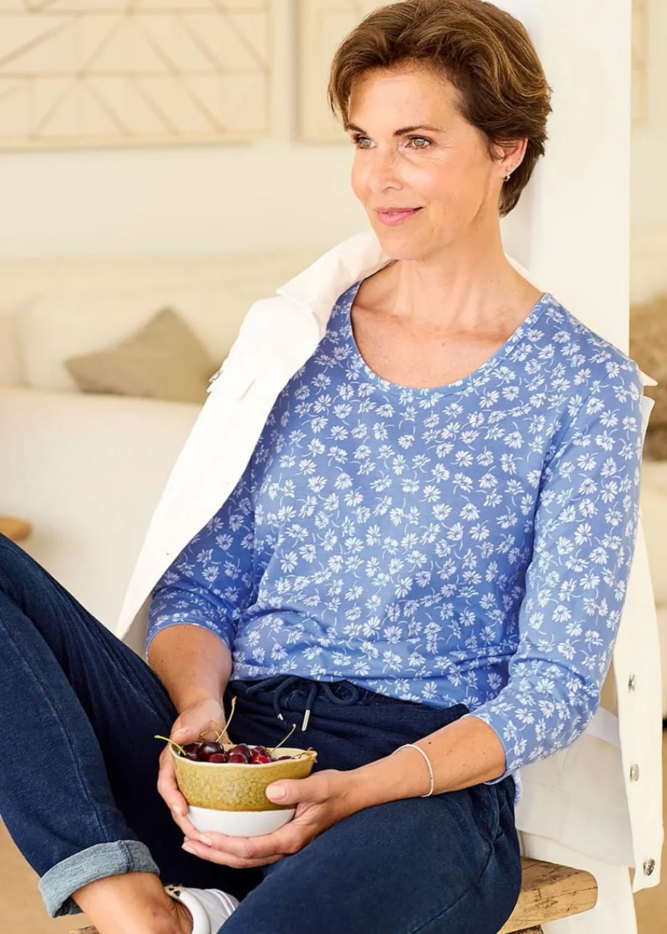 T-Shirts>Cotton Traders Pale Blue Print T-Shirt
