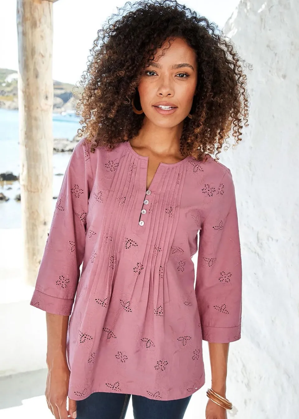 Tops>Cotton Traders Rose Pink Broderie Pintuck Blouse