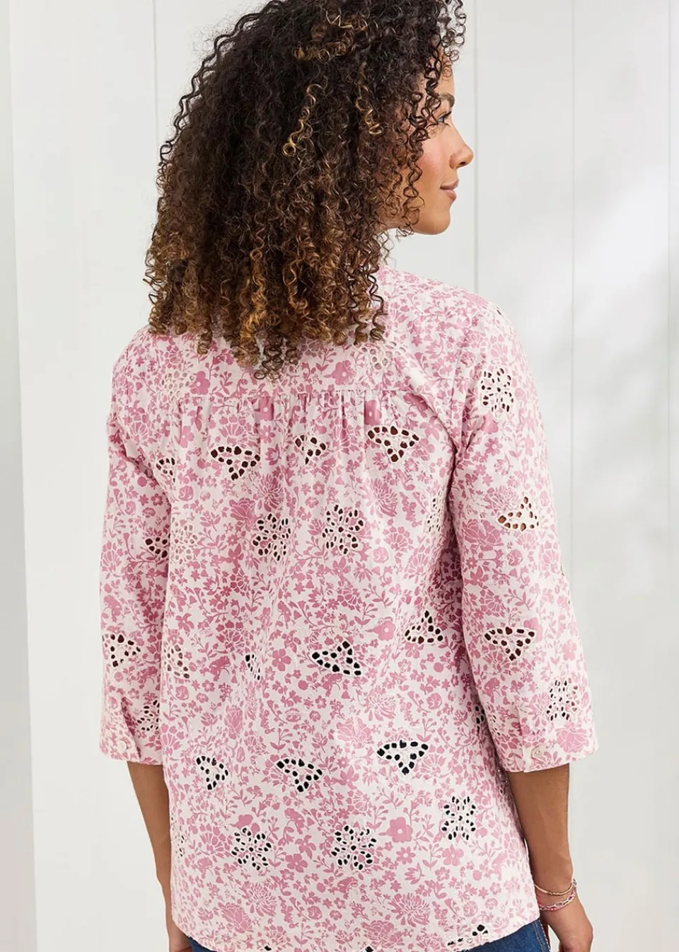 Tops>Cotton Traders Rose Pink Print Broderie Pintuck Blouse