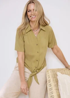 Tops>Cotton Traders Sage Green Tie Waist Blouse