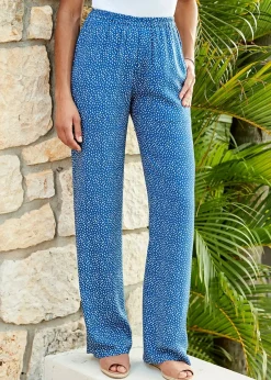 Trousers>Cotton Traders Soft Blue Printed Pull-On Wide-Leg Trousers