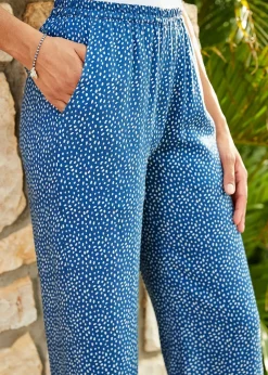 Trousers>Cotton Traders Soft Blue Printed Pull-On Wide-Leg Trousers