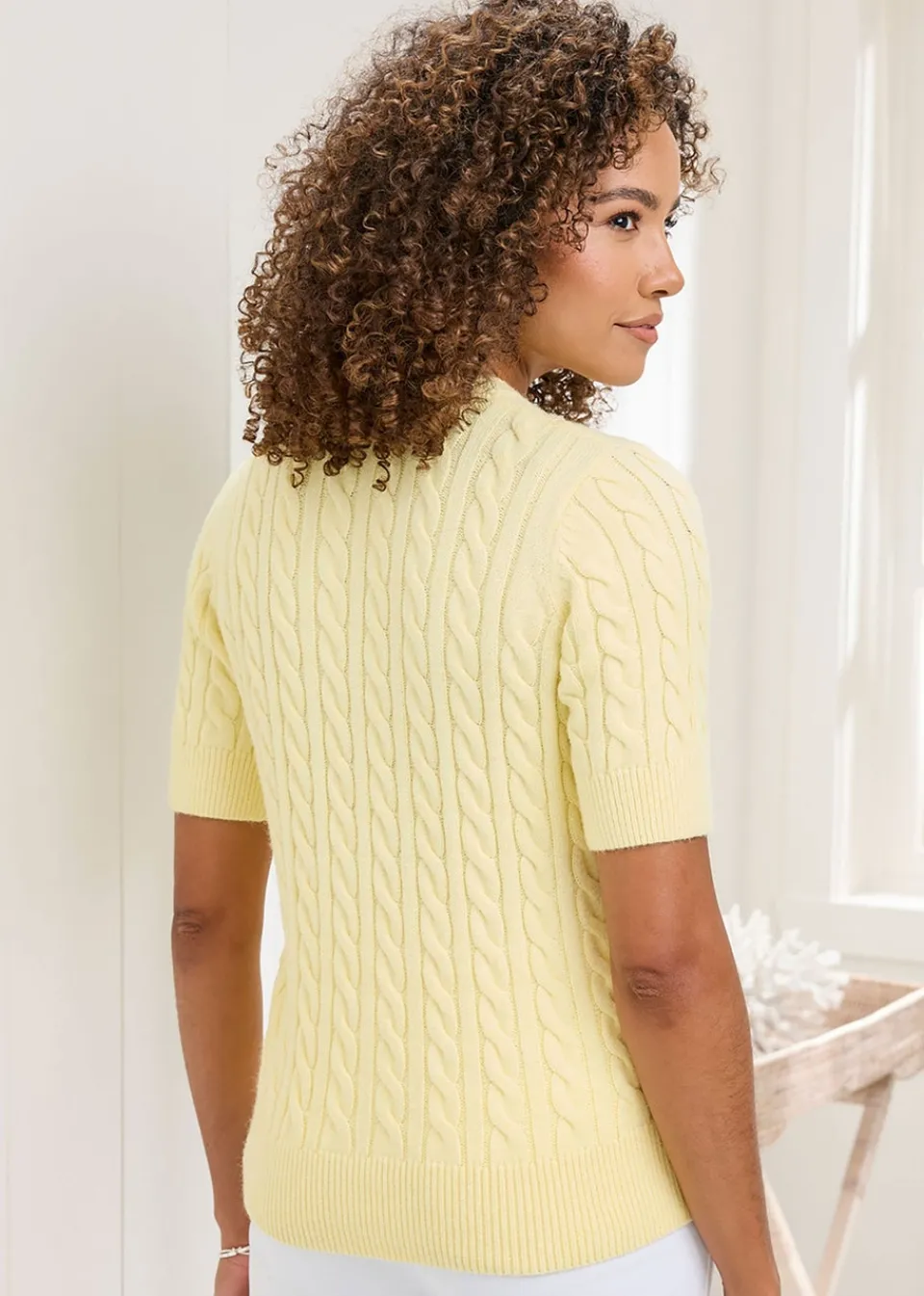 Tops>Cotton Traders Soft Yellow Short Sleeve Cable Jumper