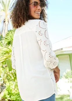 Tops>Cotton Traders Warm Cream Broiderie Blouse