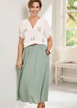 T-Shirts>Cotton Traders Warm Cream Floral Embroidered Crinkle Top
