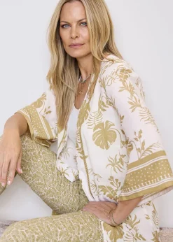 Tops>Cotton Traders Warm Cream Long Printed Kimono
