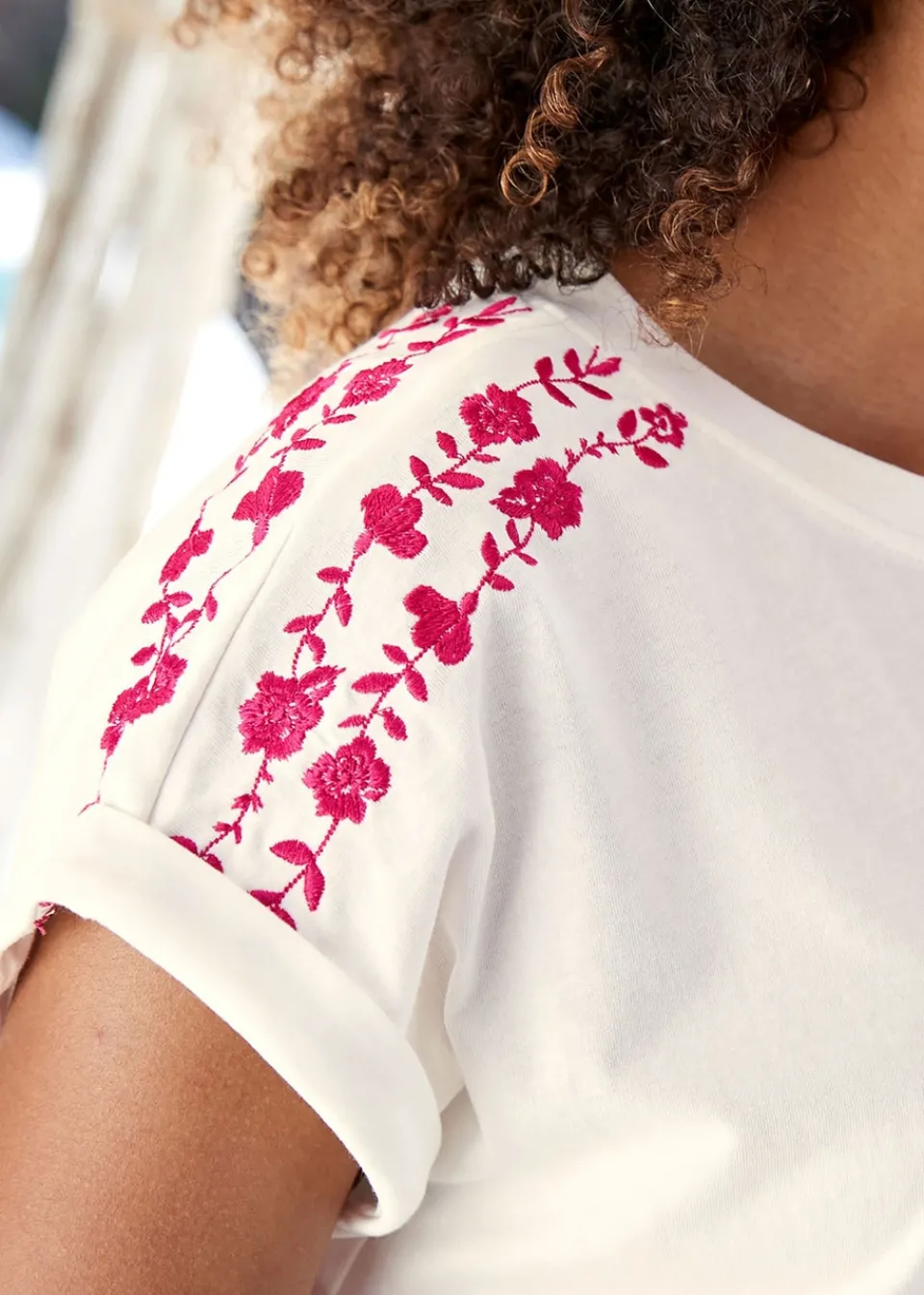 T-Shirts>Cotton Traders Warm Cream Embroidered Jersey Top