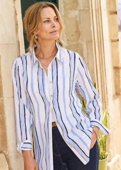 Tops>Cotton Traders Warm Cream Print Longline Blouse