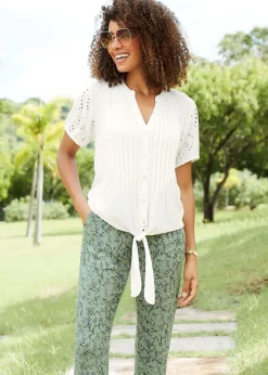 Tops>Cotton Traders Warm Cream Broderie Sleeve Tie Front Top
