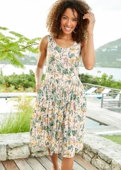 Dresses>Cotton Traders Warm Cream Printed Crinkle Short Dress