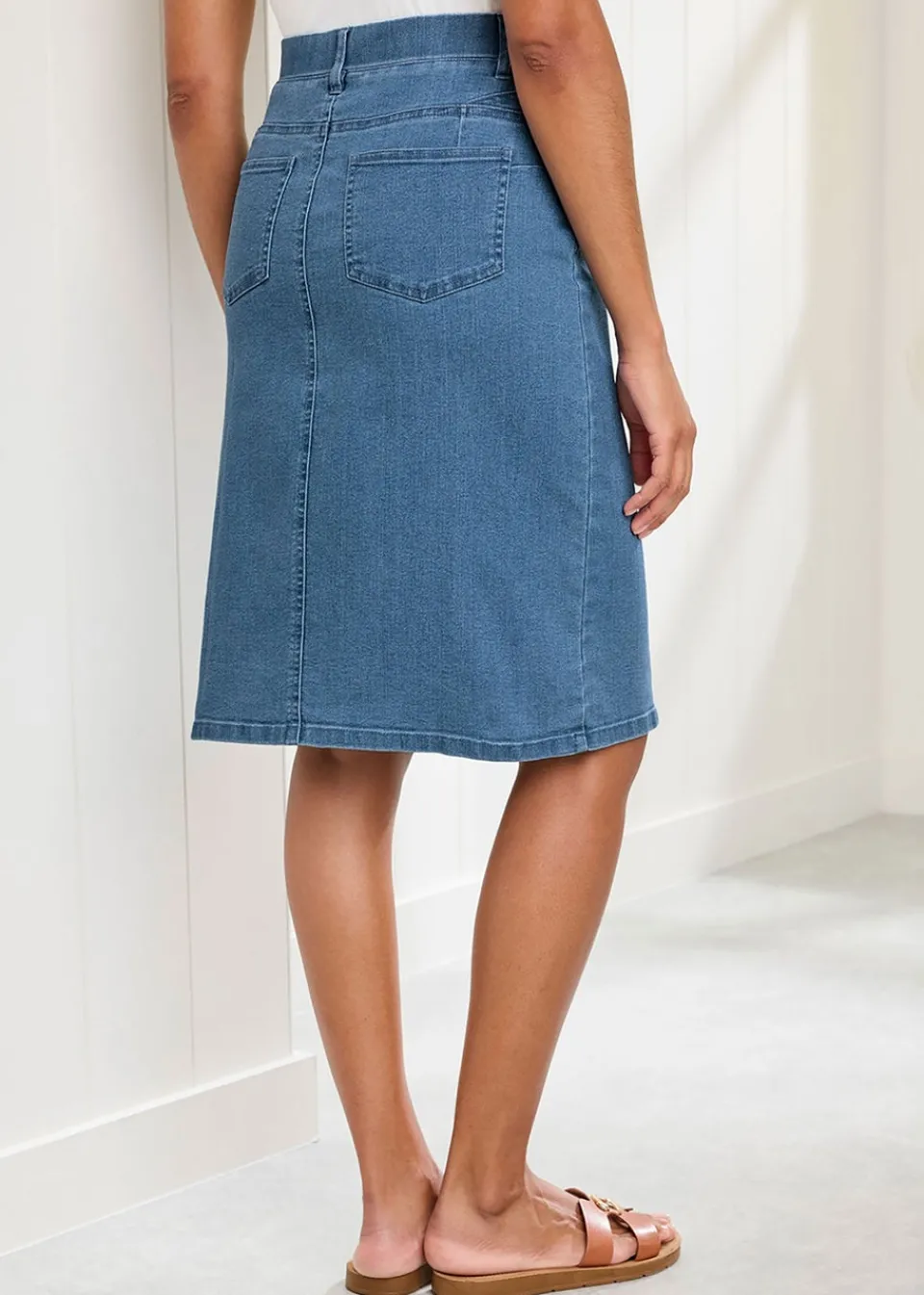 Skirts>Cotton Traders Washed Blue Stretch Denim Skirt