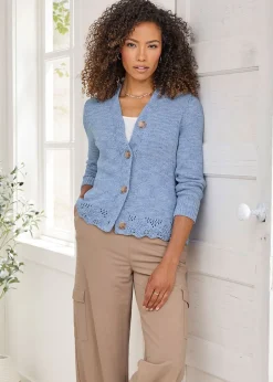 Tops>Cotton Traders Washed Iris Crochet Hem Cardigan