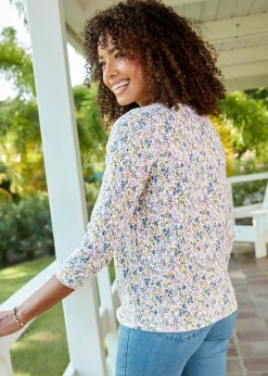 T-Shirts>Cotton Traders Washed Iris 3/4 Sleeve Tie Waist Print Textured Top