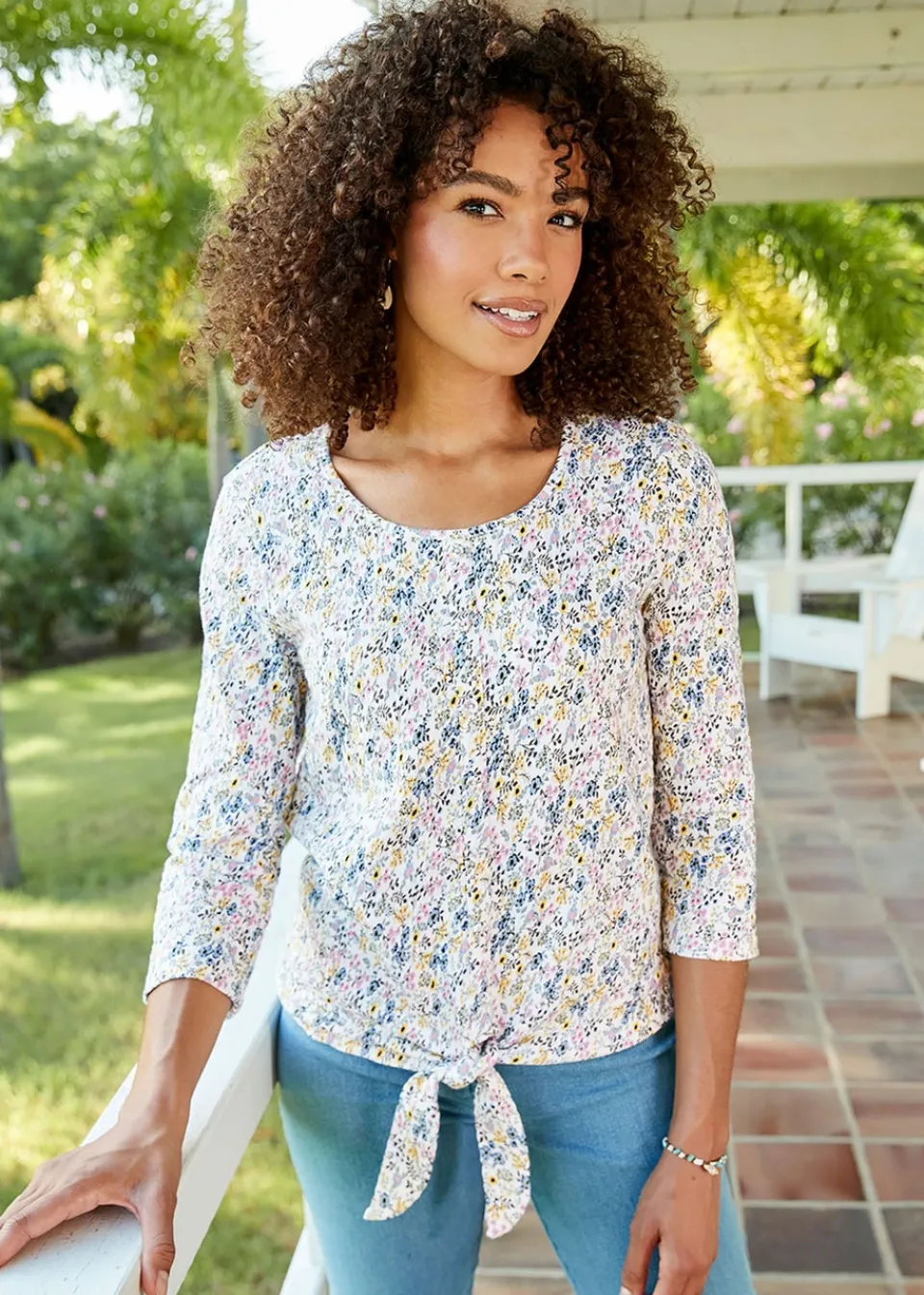 T-Shirts>Cotton Traders Washed Iris 3/4 Sleeve Tie Waist Print Textured Top