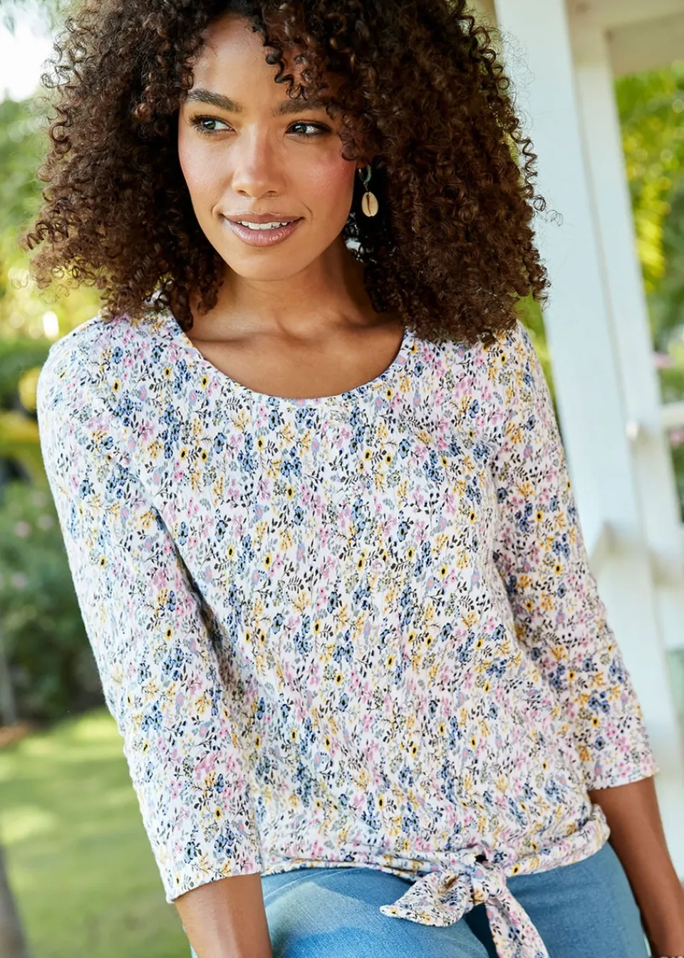 T-Shirts>Cotton Traders Washed Iris 3/4 Sleeve Tie Waist Print Textured Top