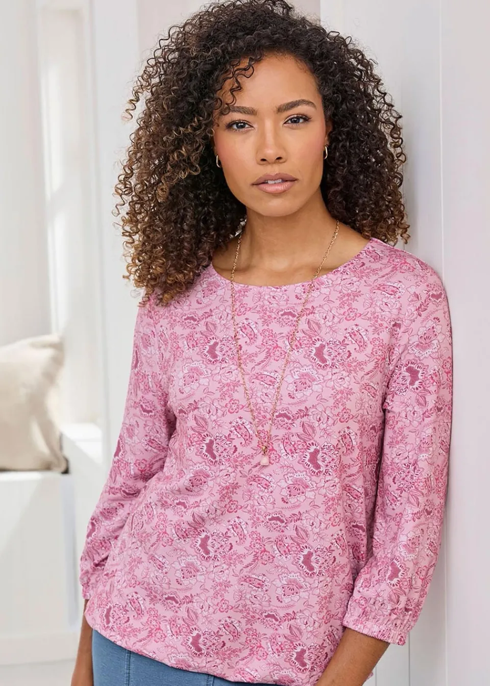Tops>Cotton Traders Washed Pink Print Bubble Hem Top