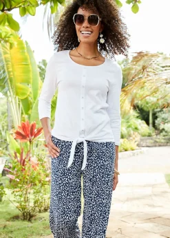 T-Shirts>Cotton Traders White 3/4 Sleeve Tie Waist Textured Top