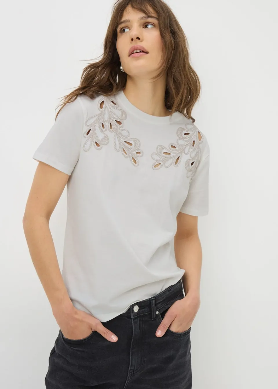 T-Shirts>Papaya Cream Cutwork Detail T-Shirt