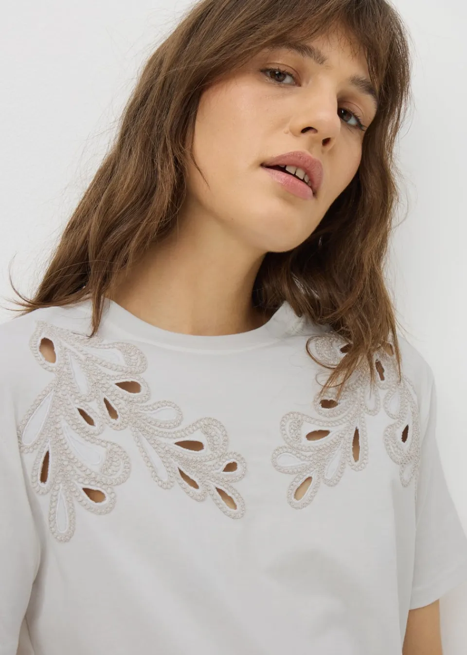 T-Shirts>Papaya Cream Cutwork Detail T-Shirt