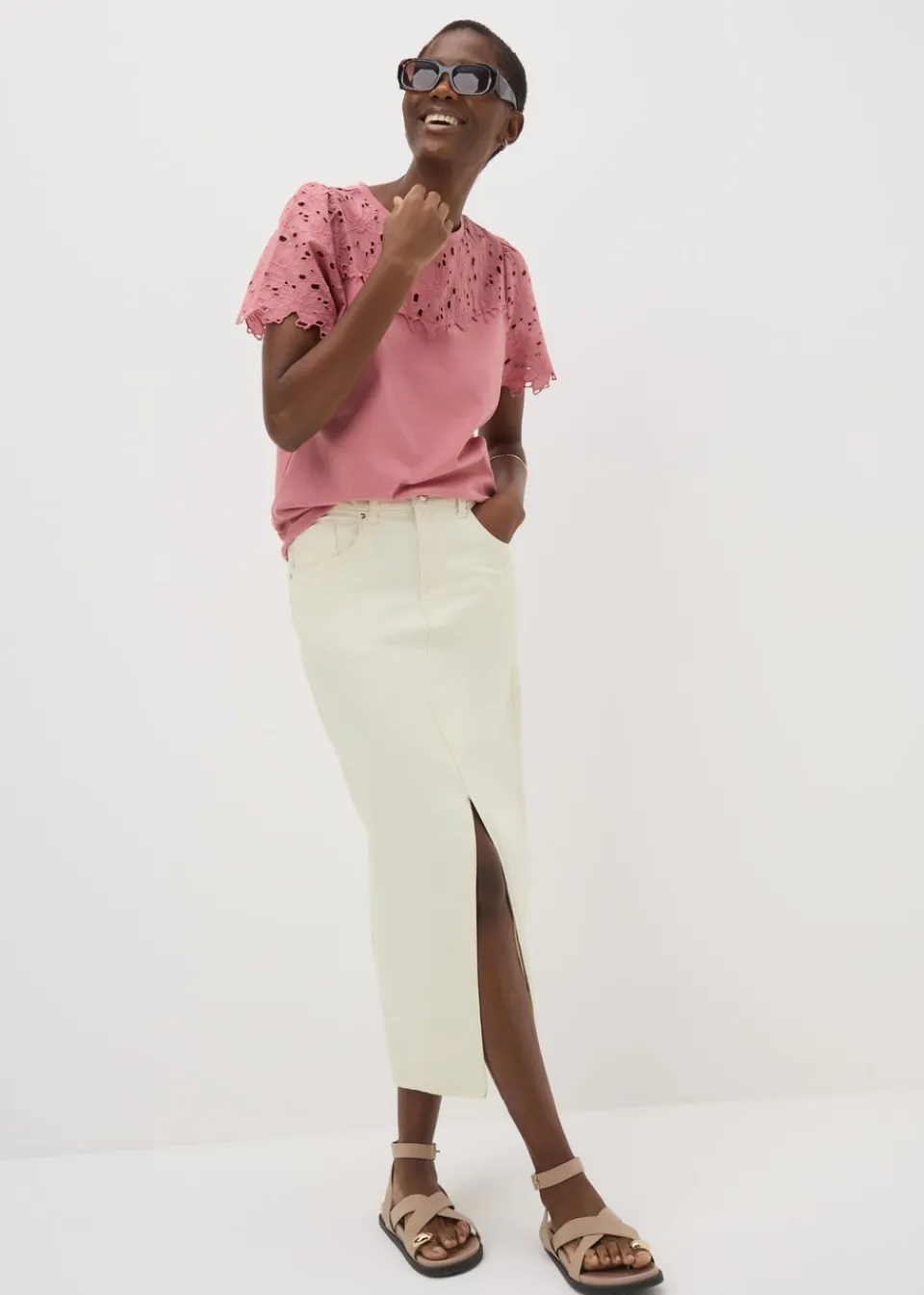 Skirts>Papaya Cream Denim Midi Skirt