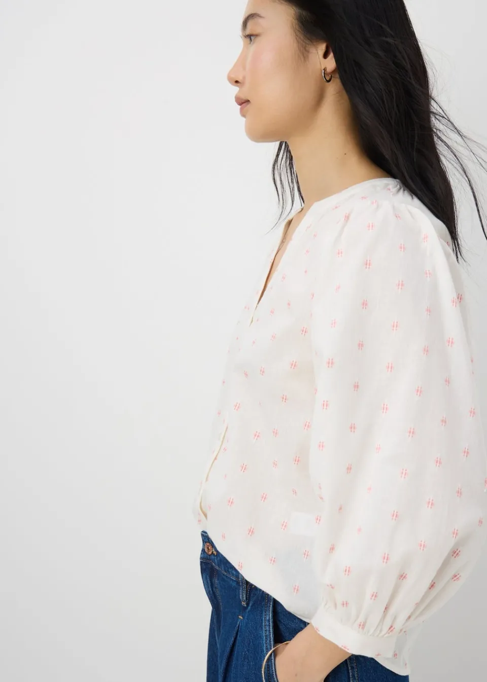 Tops>Papaya Cream Dobby Embellished Blouse