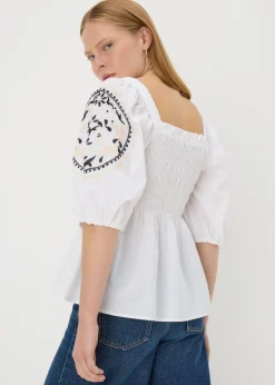 Tops>Papaya Cream Embroidered Shirred Blouse