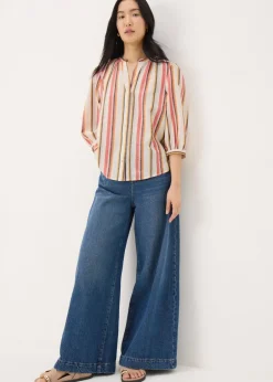 Tops>Papaya Cream Linen Blend Stripe 3/4 Sleeve Blouse