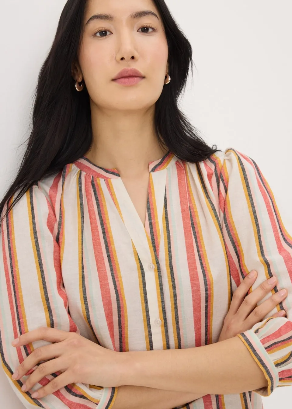 Tops>Papaya Cream Linen Blend Stripe 3/4 Sleeve Blouse