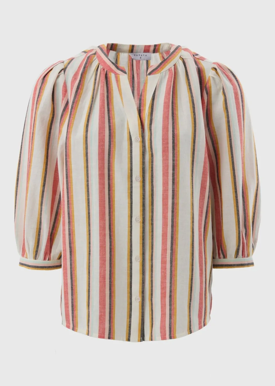 Tops>Papaya Cream Linen Blend Stripe 3/4 Sleeve Blouse