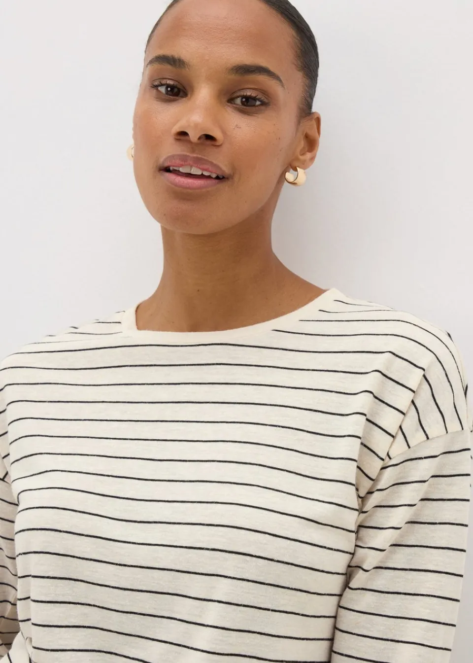 T-Shirts>Papaya Cream Monochrome Linen Blend Stripe Top