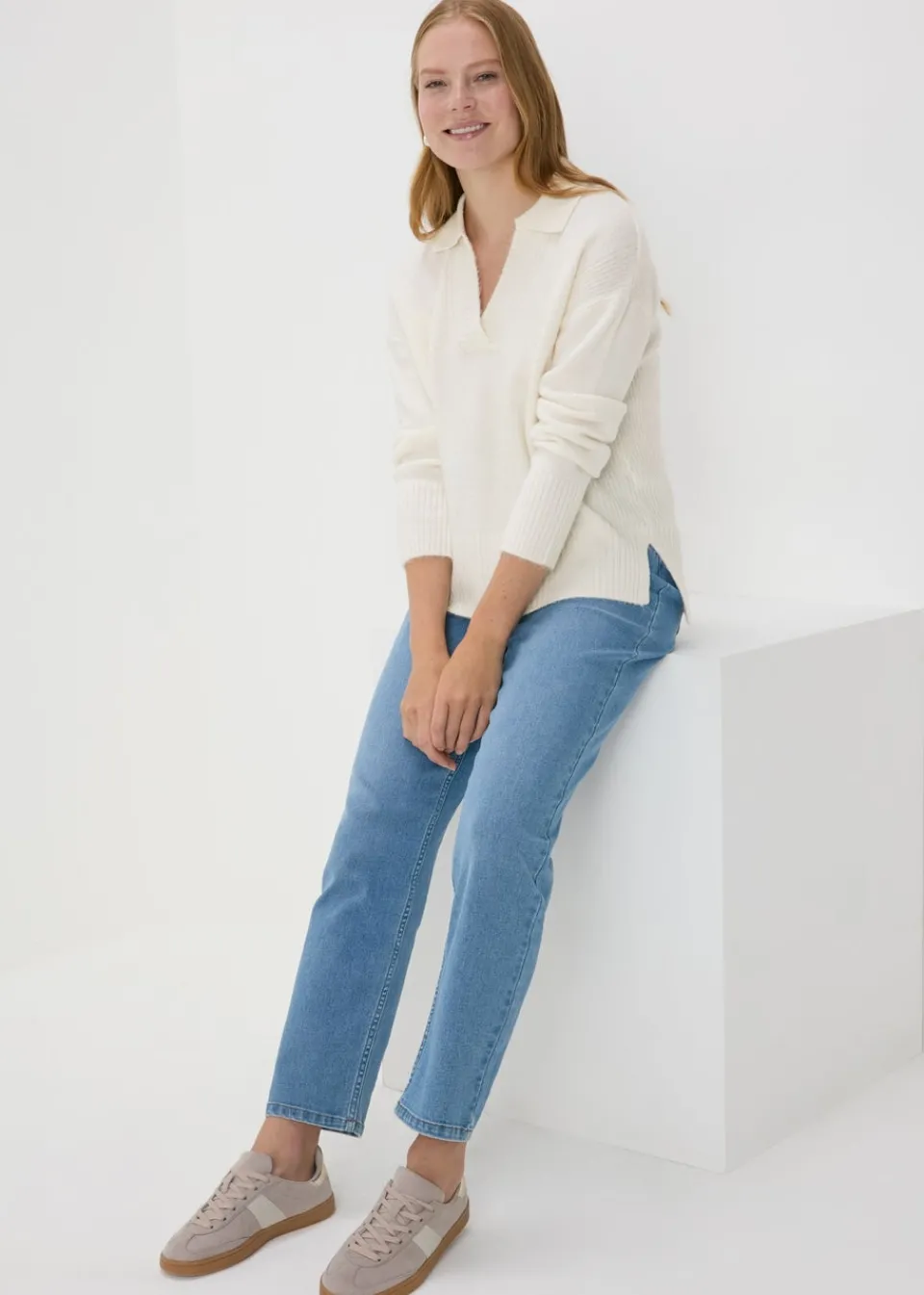 Tops>Papaya Ribbed V-Neck Jumper Cream