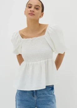 Tops>Papaya Cream Shirred Tie Back Blouse
