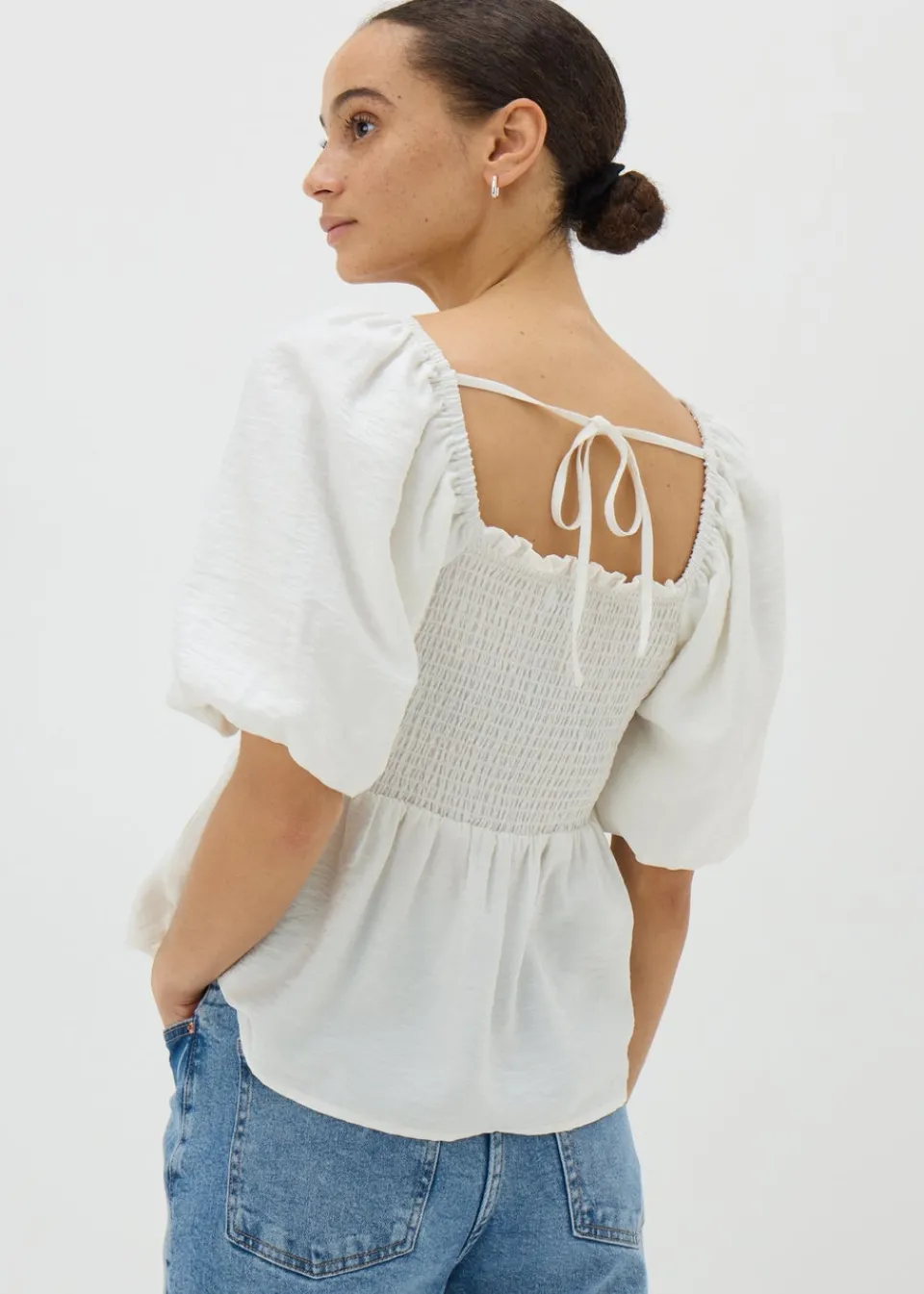Tops>Papaya Cream Shirred Tie Back Blouse