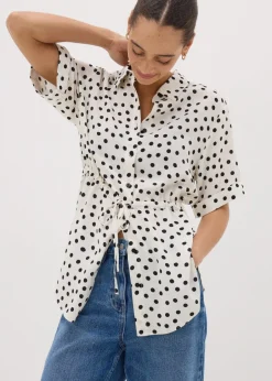 Tops>Papaya Cream Spot Tie Waist Longline Shirt