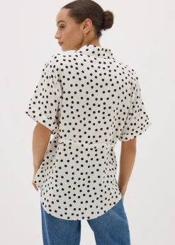 Tops>Papaya Cream Spot Tie Waist Longline Shirt