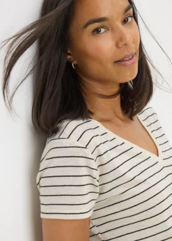 T-Shirts>Papaya Cream Stripe Linen Blend V-Neck T-Shirt