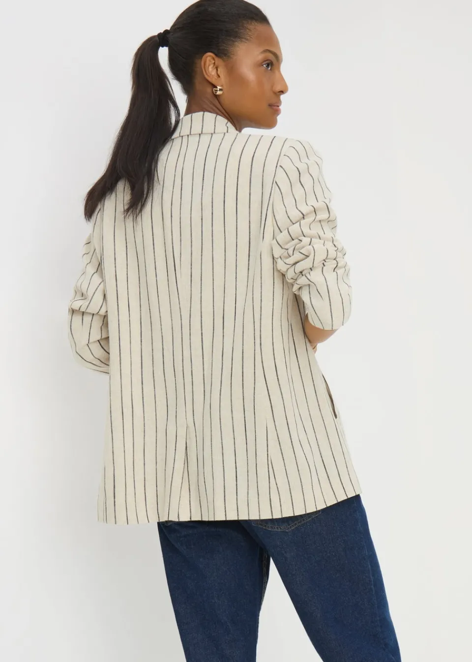 Coats & Jackets>Papaya Cream Stripe Linen Blend Blazer