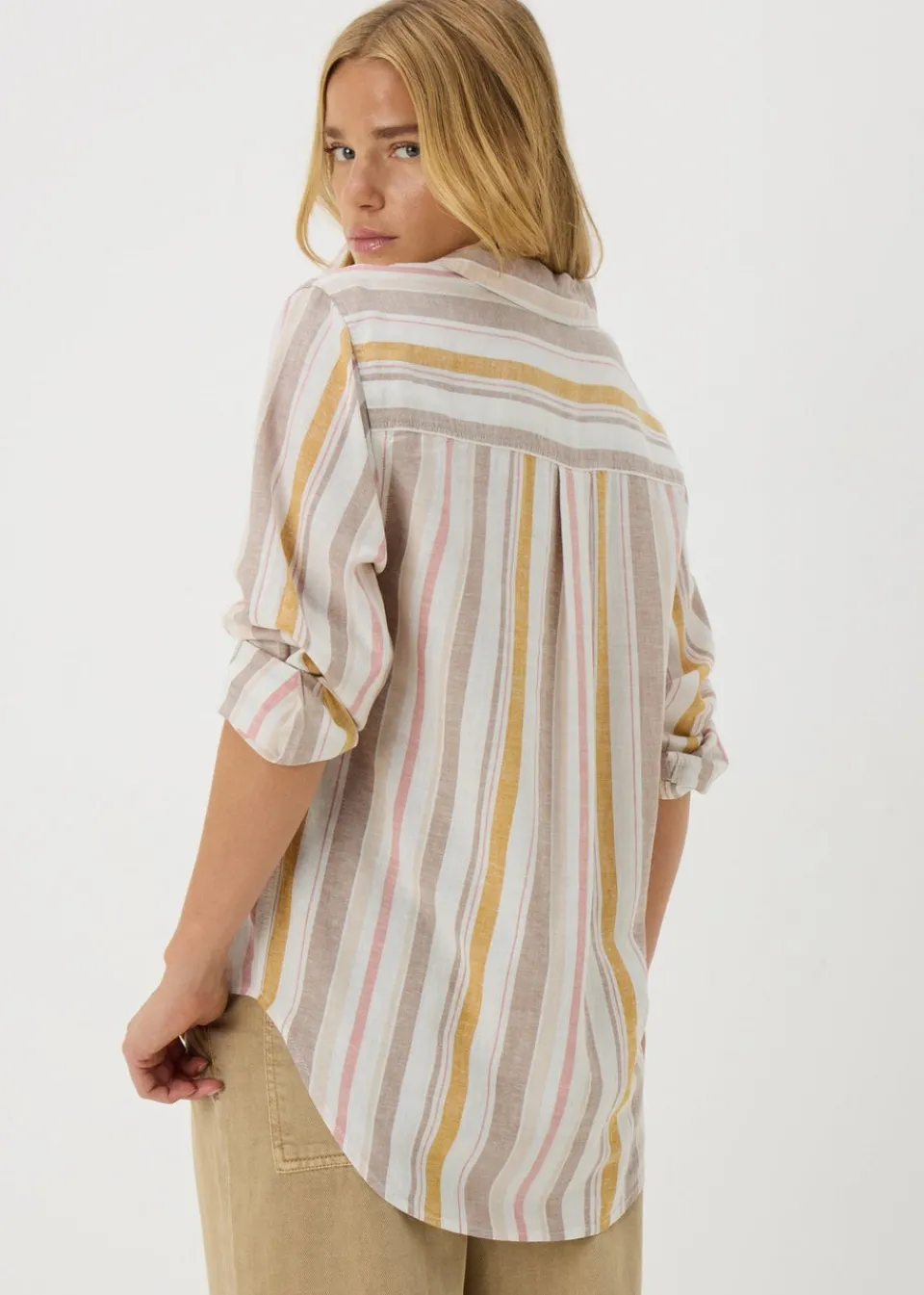 Tops>Papaya Cream Stripe Linen Blend Shirt