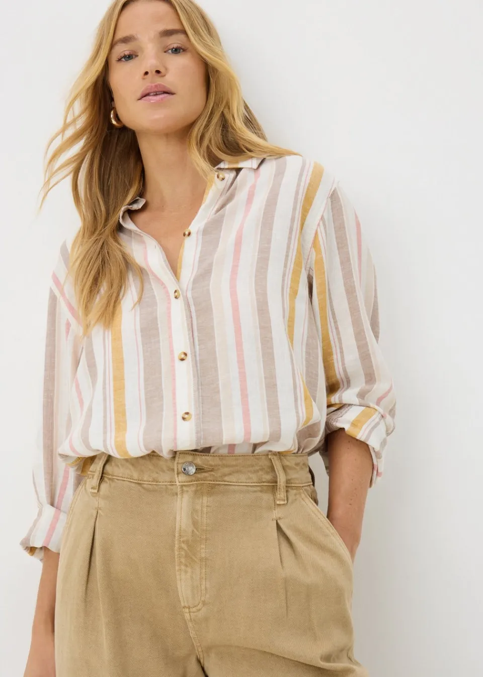 Tops>Papaya Cream Stripe Linen Blend Shirt